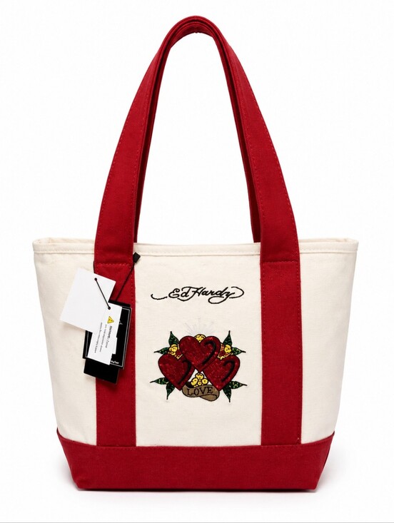 Ed Hardy Handbags - Ed Hardy Cream Canvas Tote with Red Trim and Heart Motif